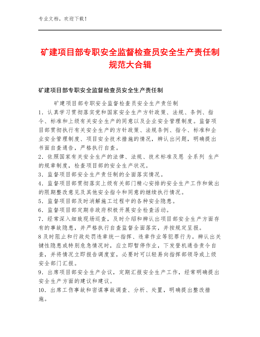 矿建项目部专职安全监督检查员安全生产责任制规范大合辑