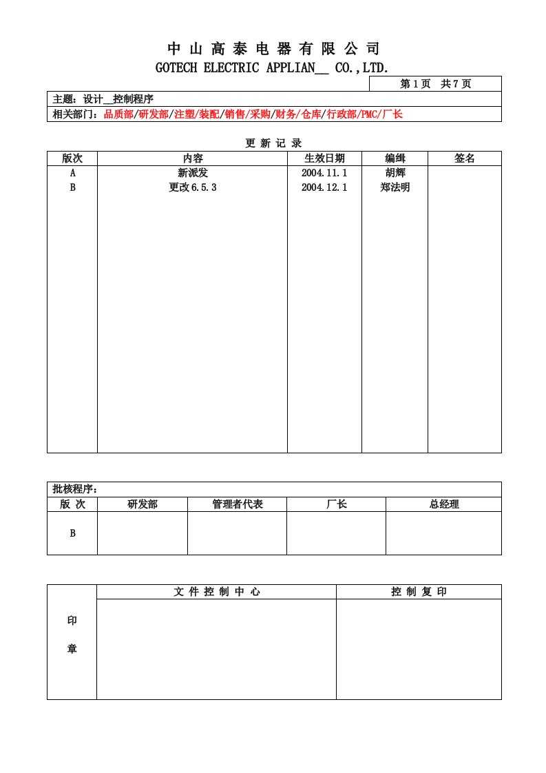 RoHS体系文件-COP7.1设计开发控制程序