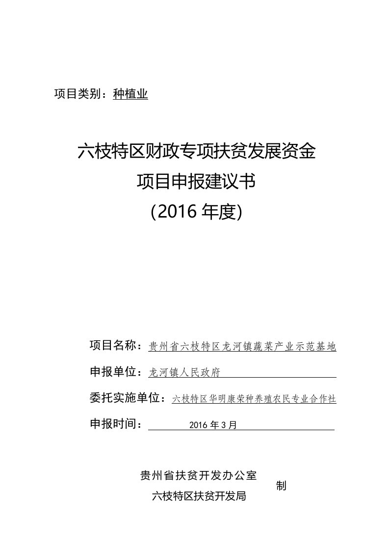 龙河镇蔬菜财政专项扶贫资金项目申报建议书