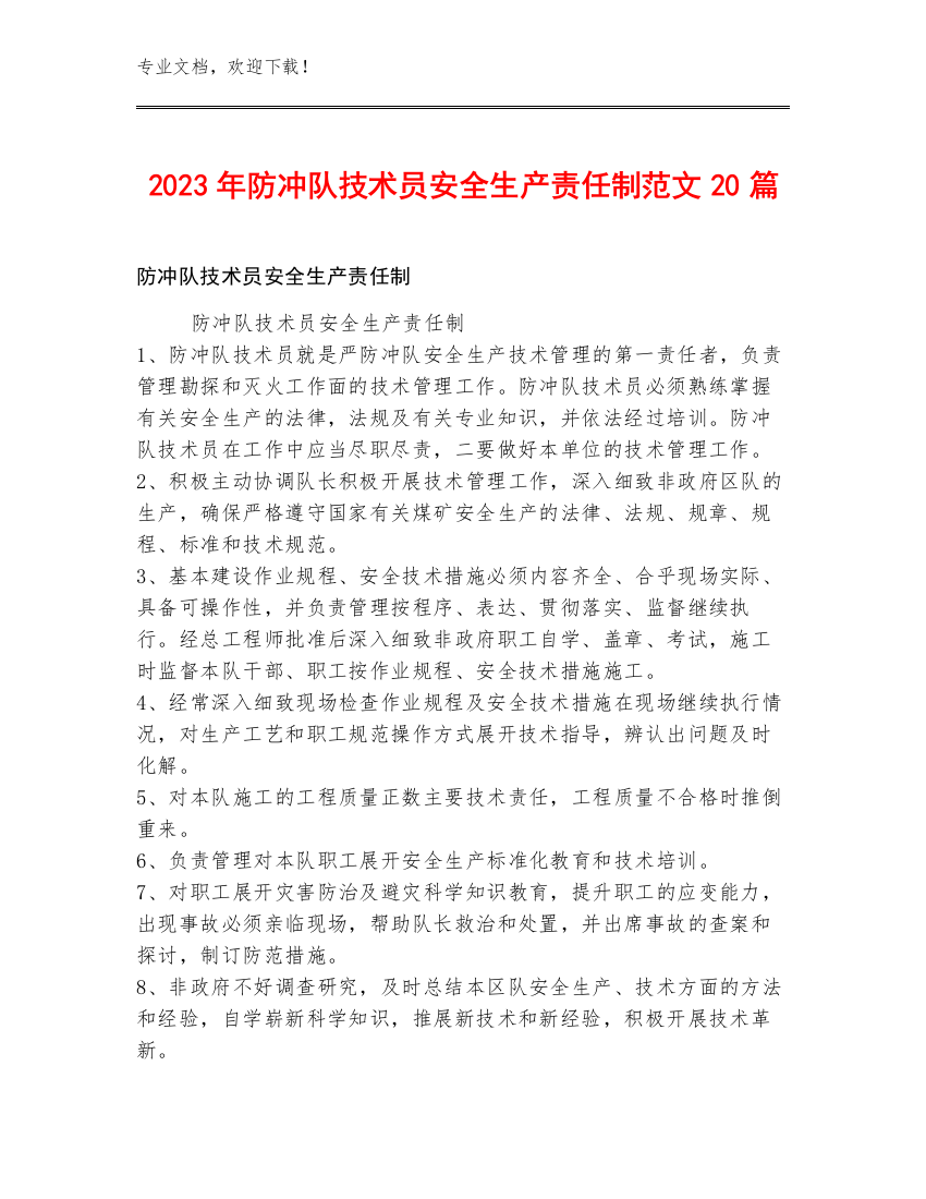 2023年防冲队技术员安全生产责任制范文20篇