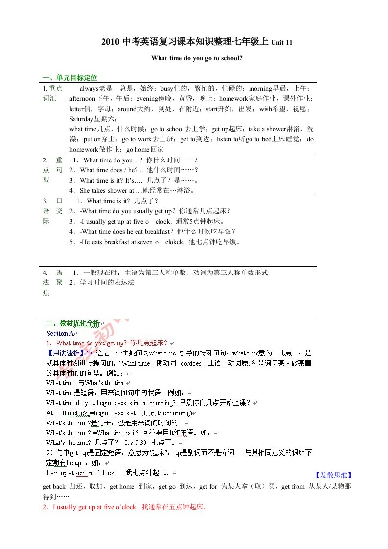 2010中考英语复习课本知识整理(七年级上Unit11)