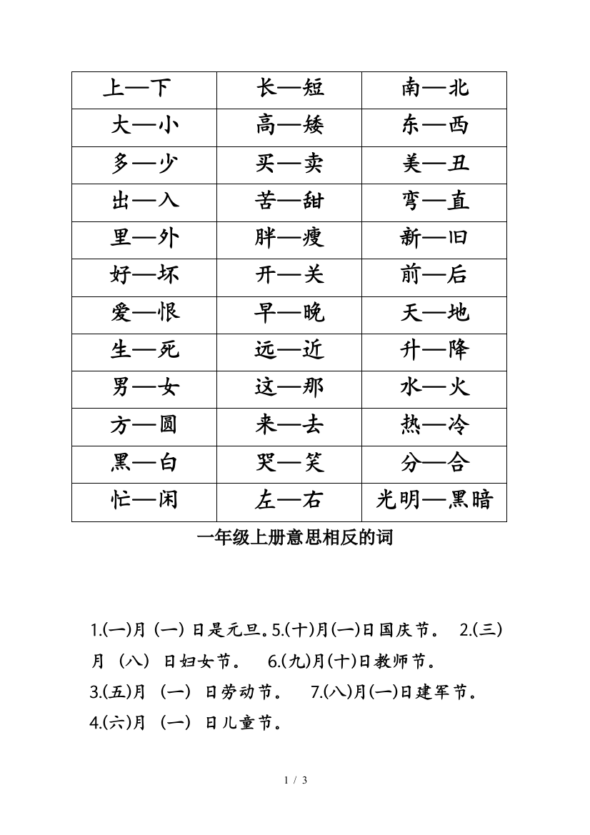 一年级上册意思相反的词