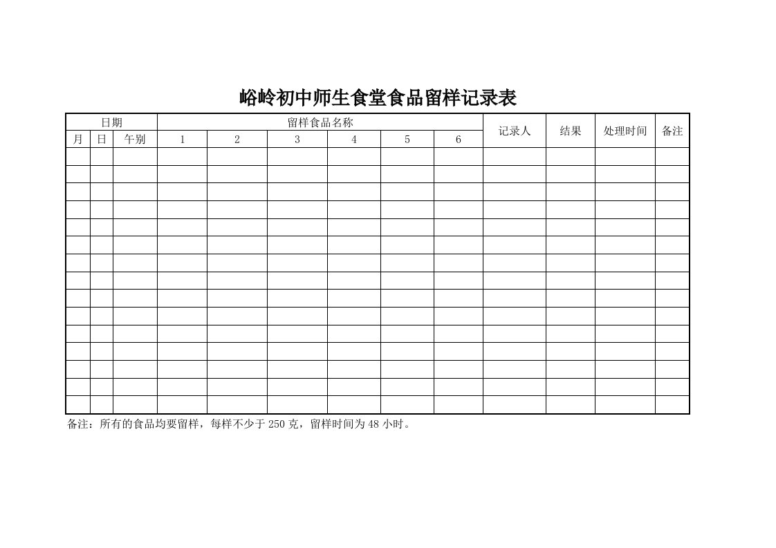 学校食堂食品留样记录台账