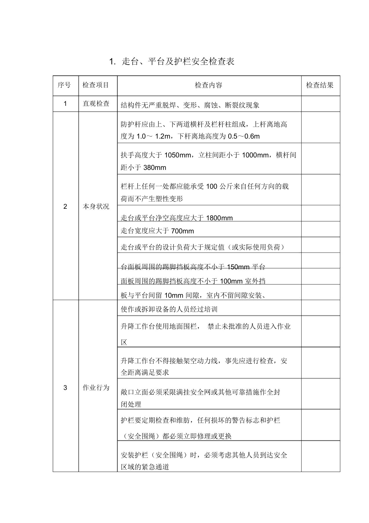 1.走台、平台及护栏安全检查表