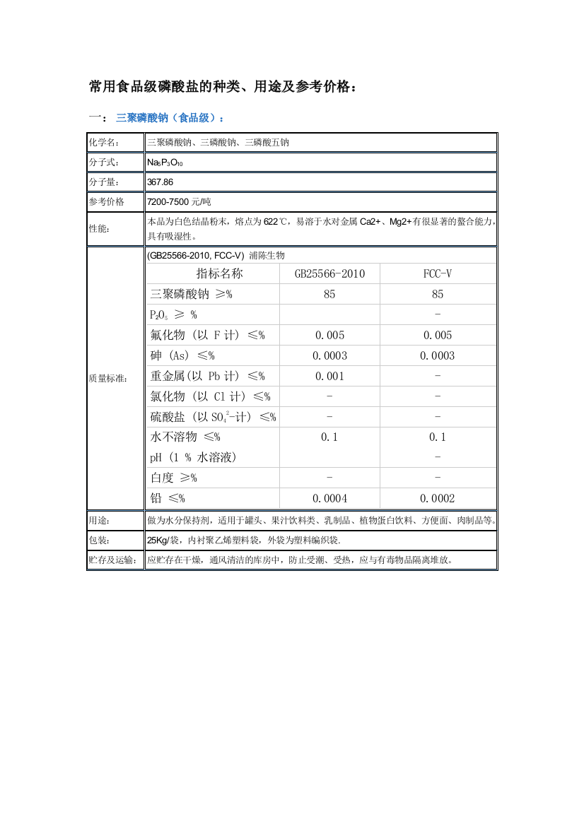 常用食品级磷酸盐的种类、用途及参考价格