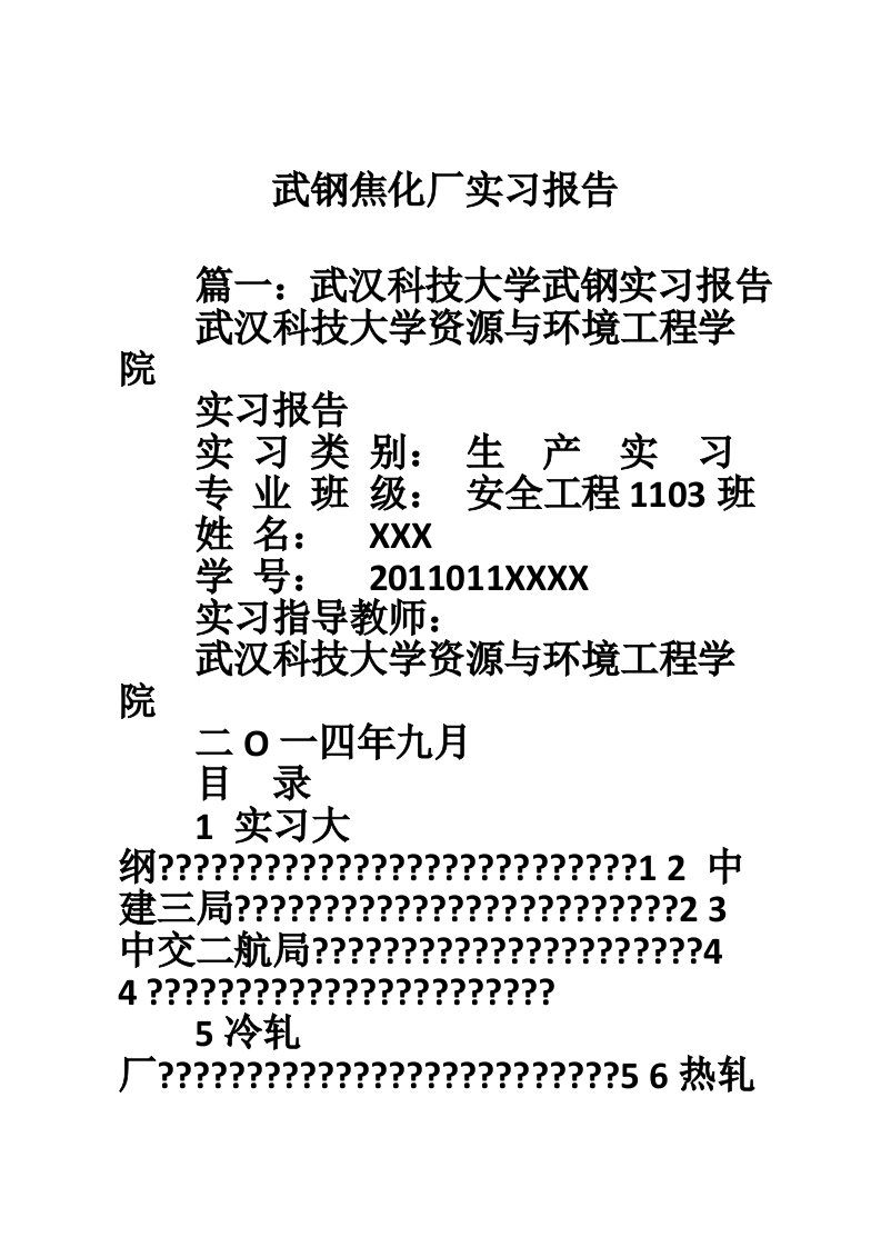 武钢焦化厂实习报告