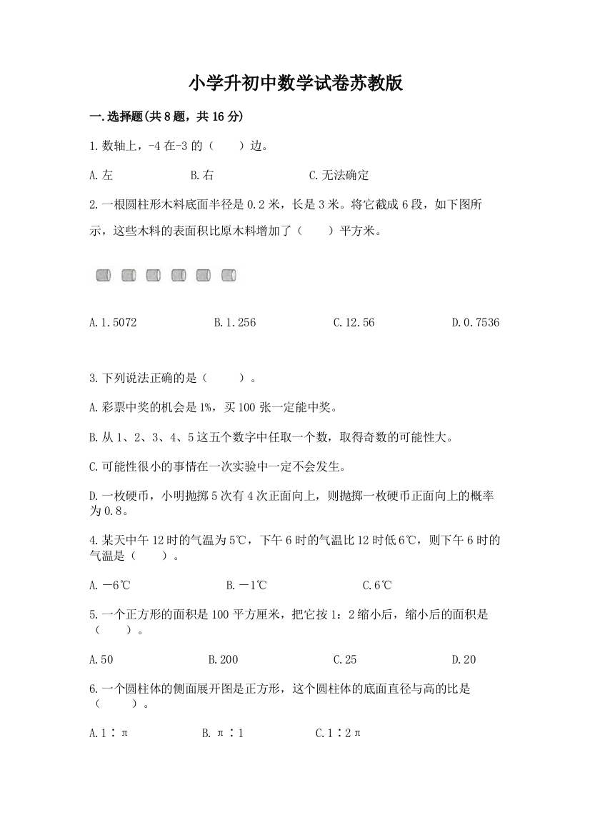 小学升初中数学试卷苏教版精选答案