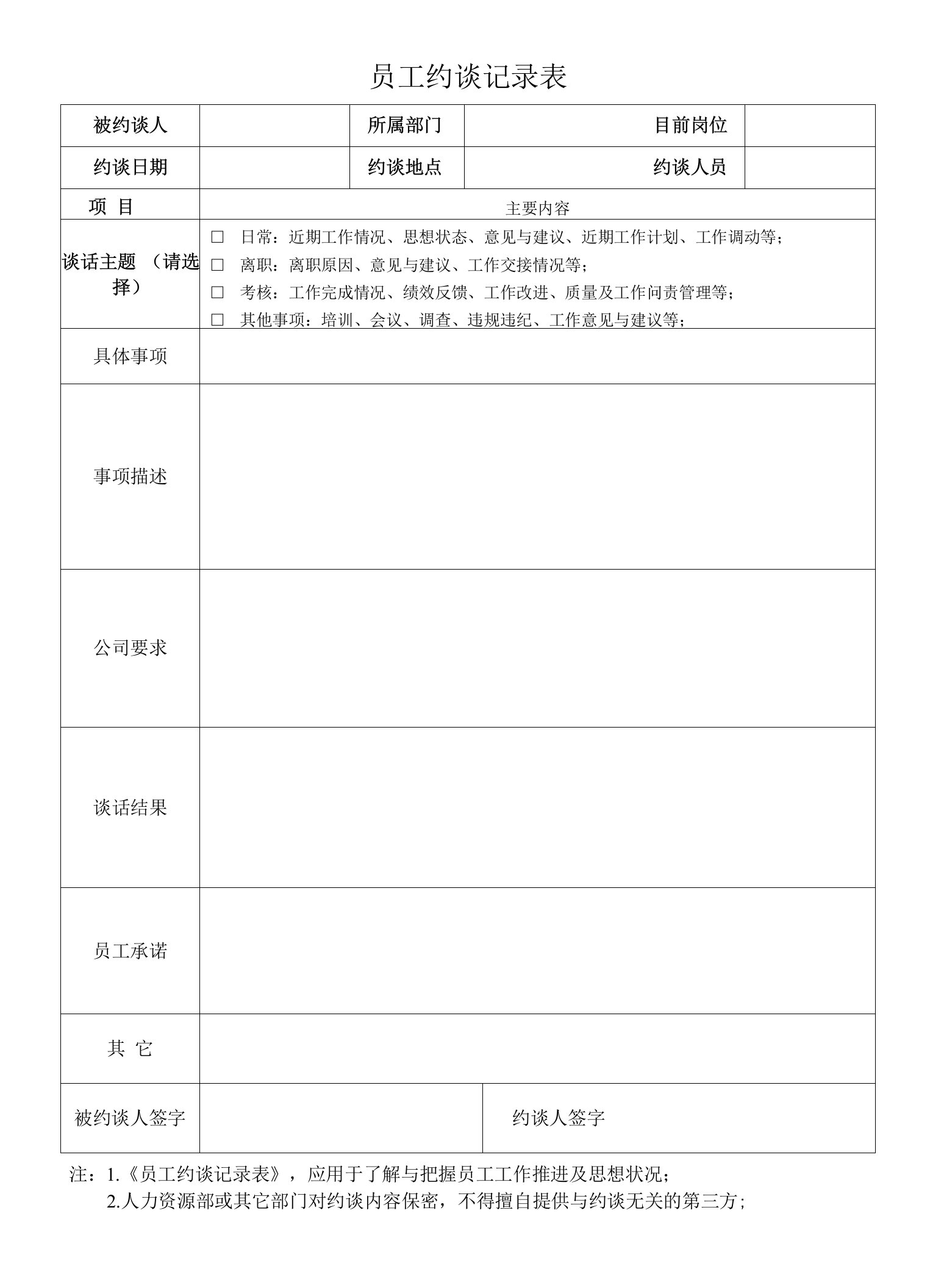 员工约谈记录表最新