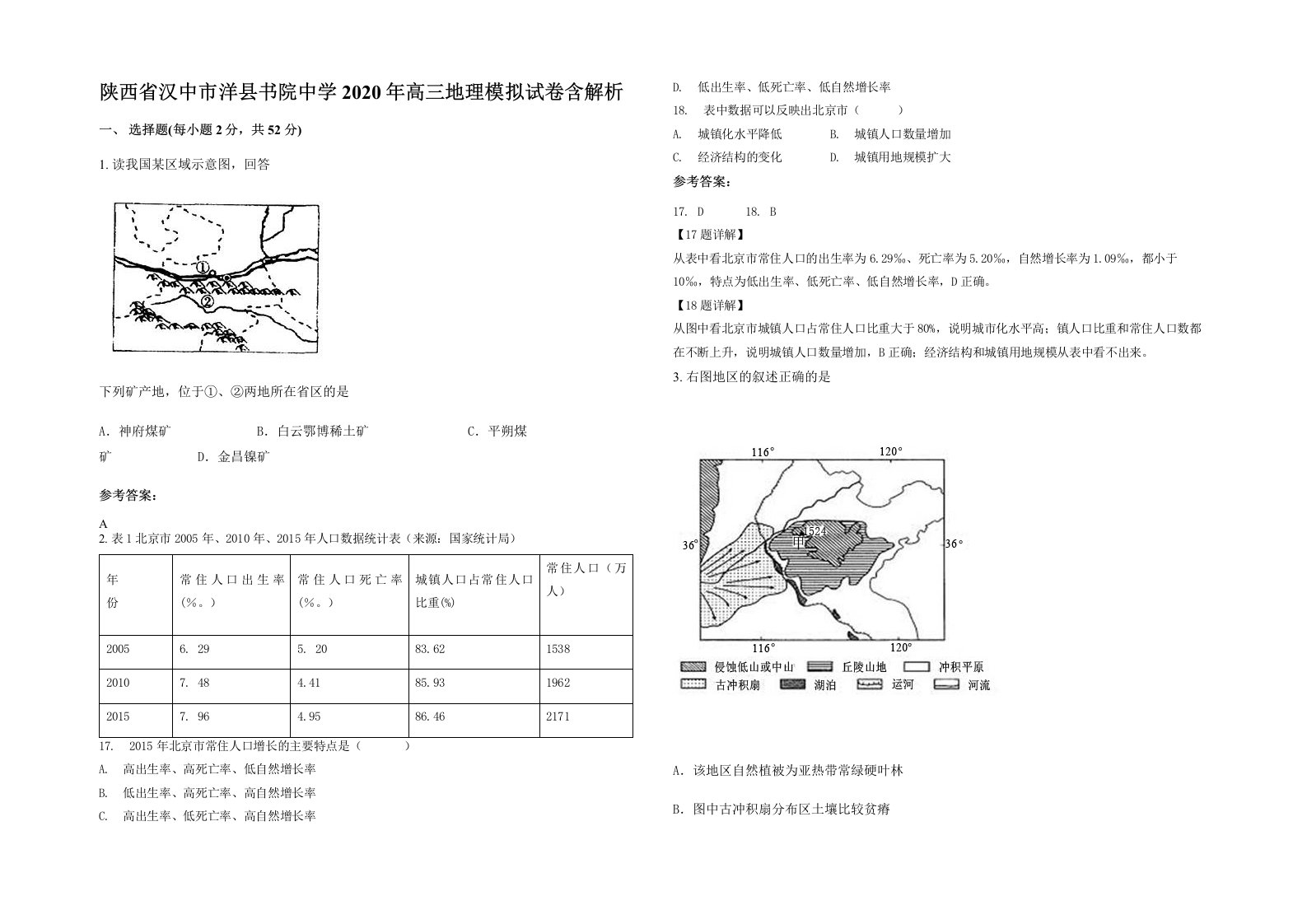 陕西省汉中市洋县书院中学2020年高三地理模拟试卷含解析