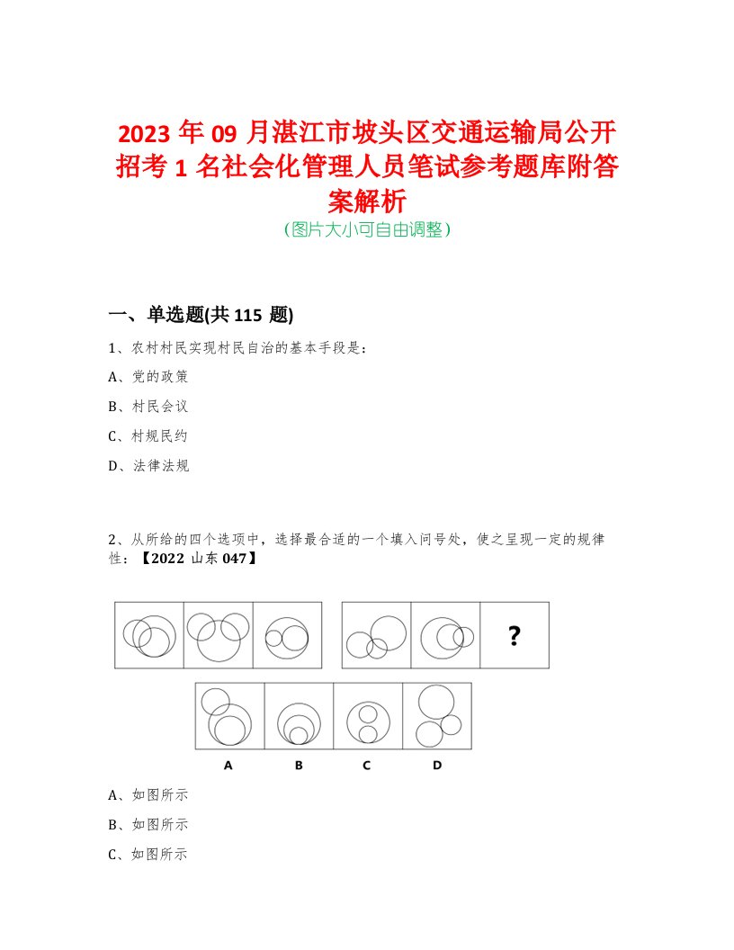 2023年09月湛江市坡头区交通运输局公开招考1名社会化管理人员笔试参考题库附答案解析