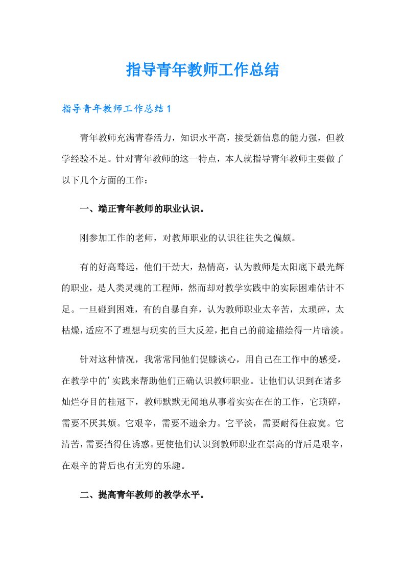 【精选】指导青年教师工作总结