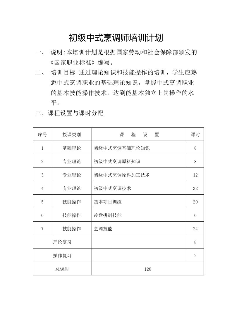 初级中式烹调师培训计划