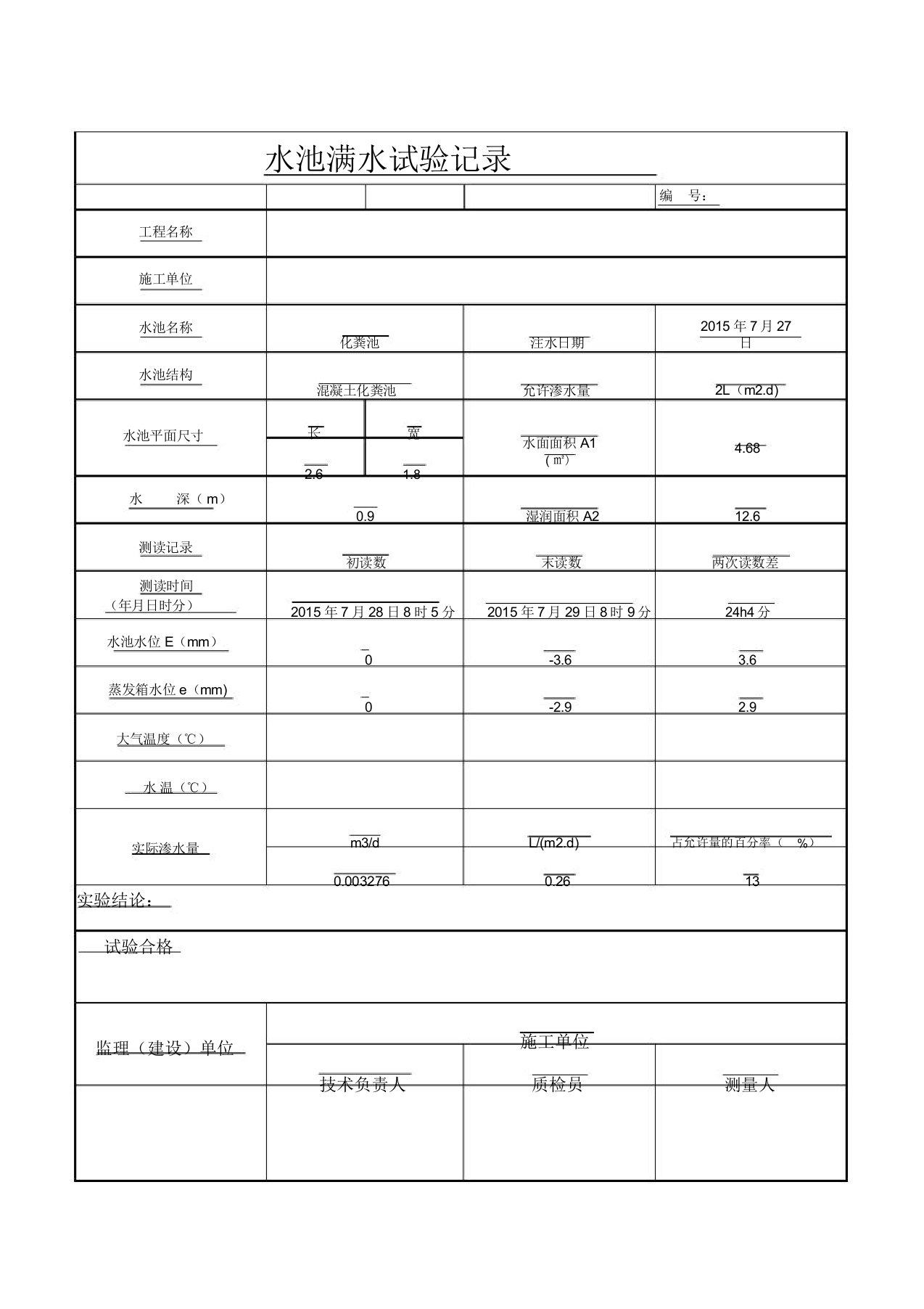 水池满水试验记录表自动计算