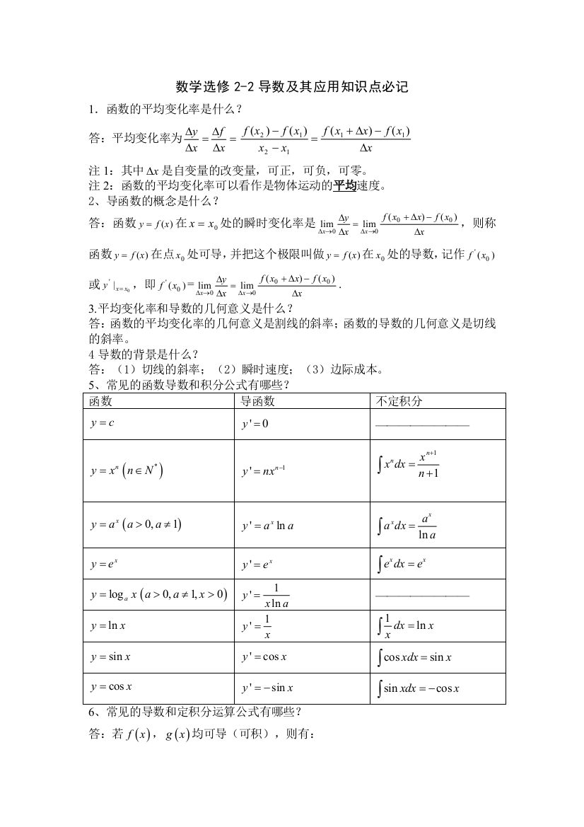 高中数学人教选修导数及其应用知识点总结