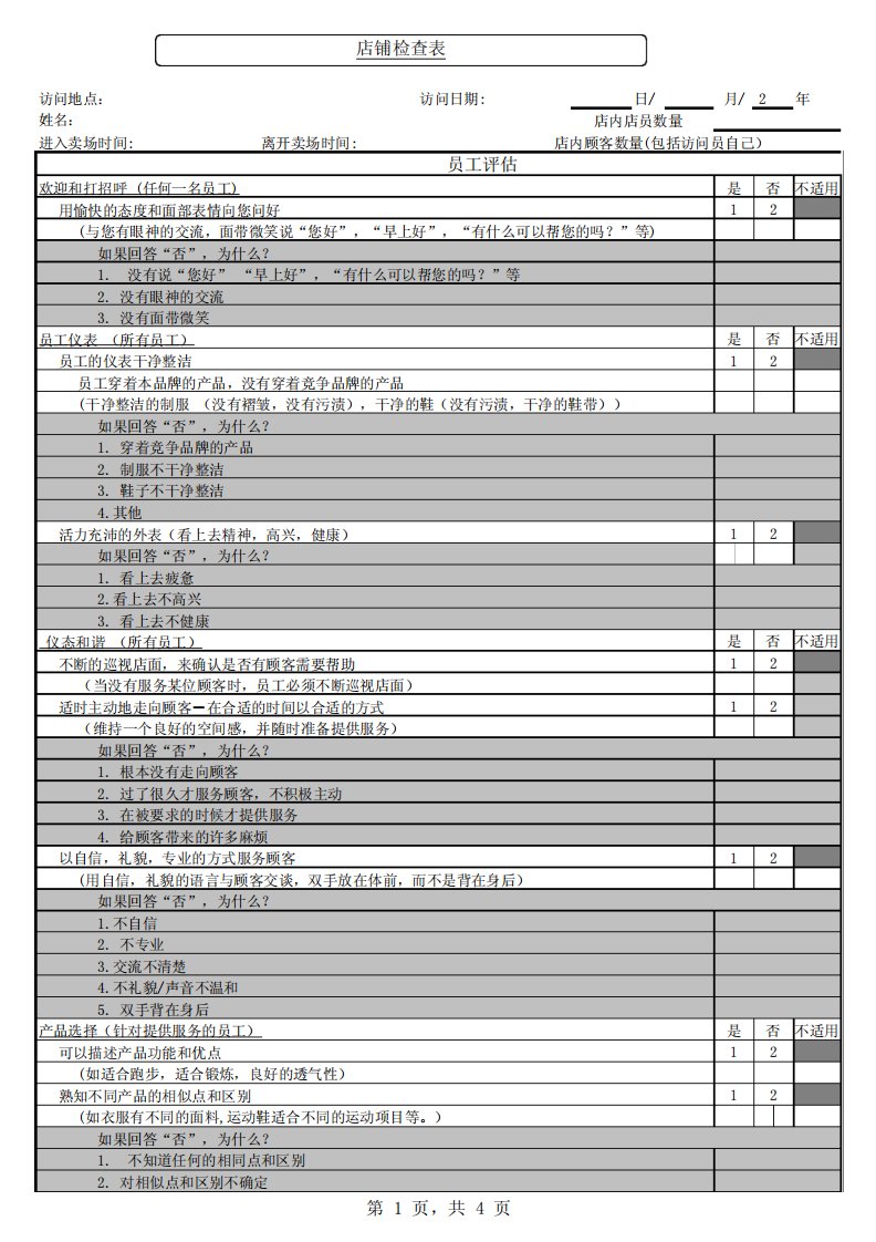 零售店铺巡店检查表