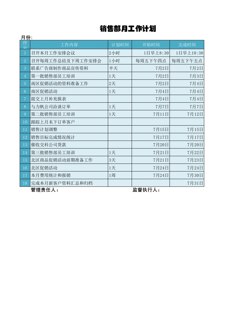 企业管理-销售部月度工作计划