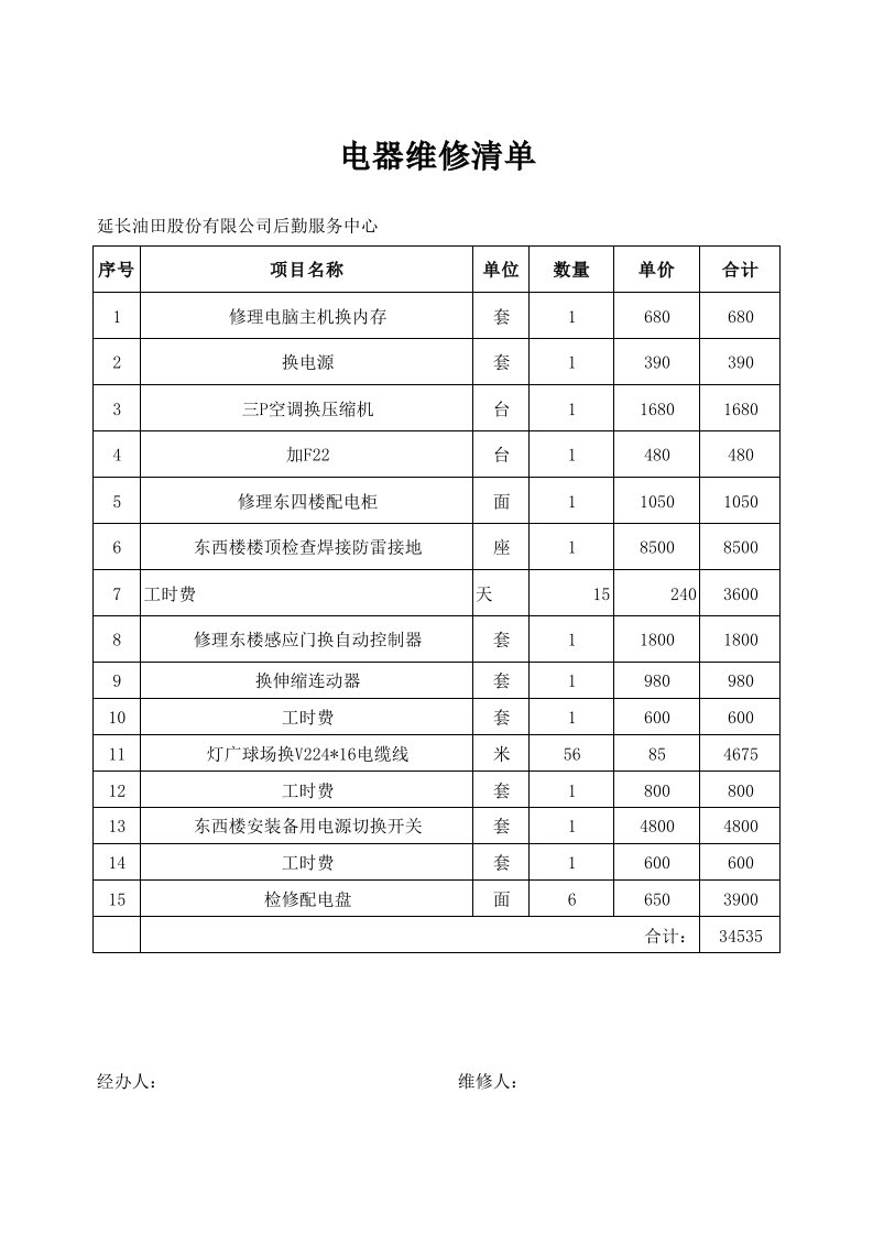 电器维修清单