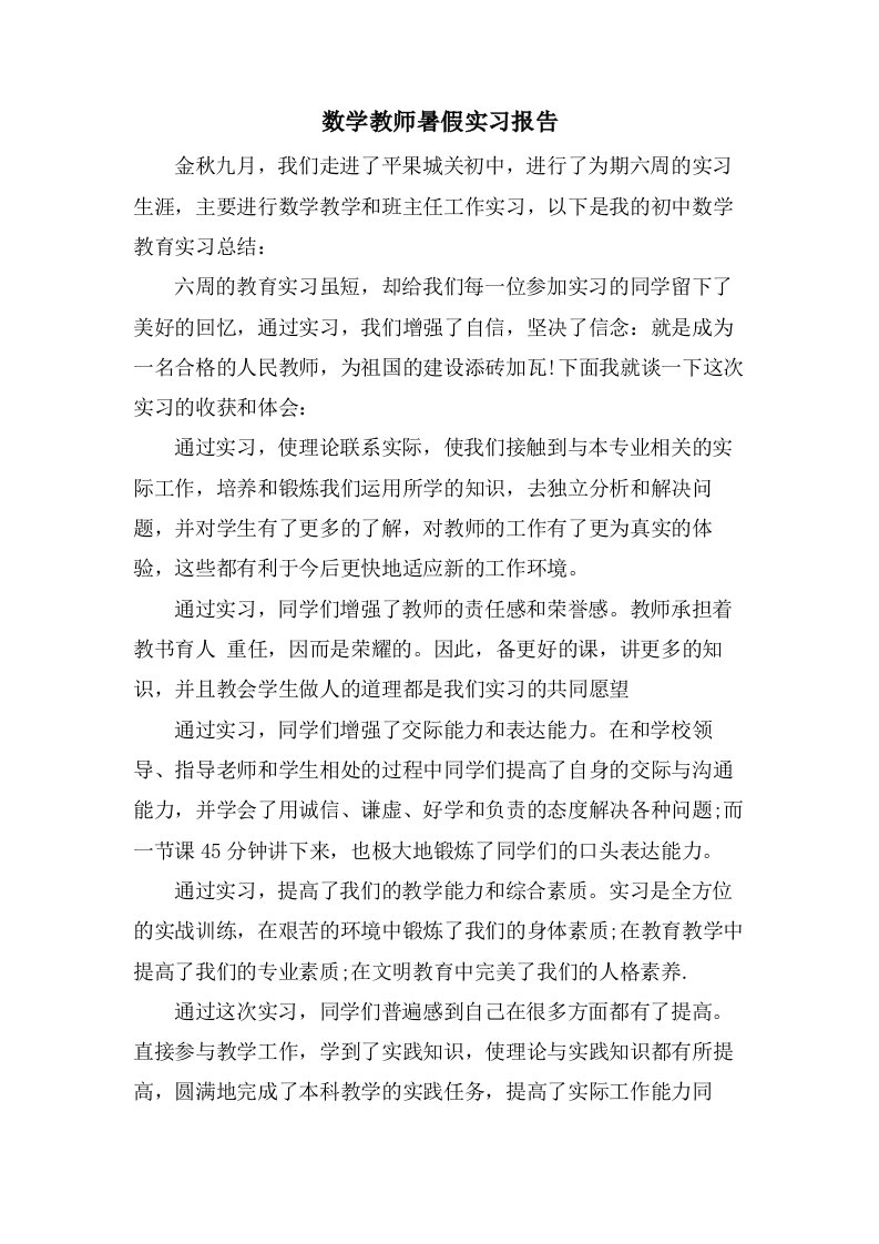 数学教师暑假实习报告