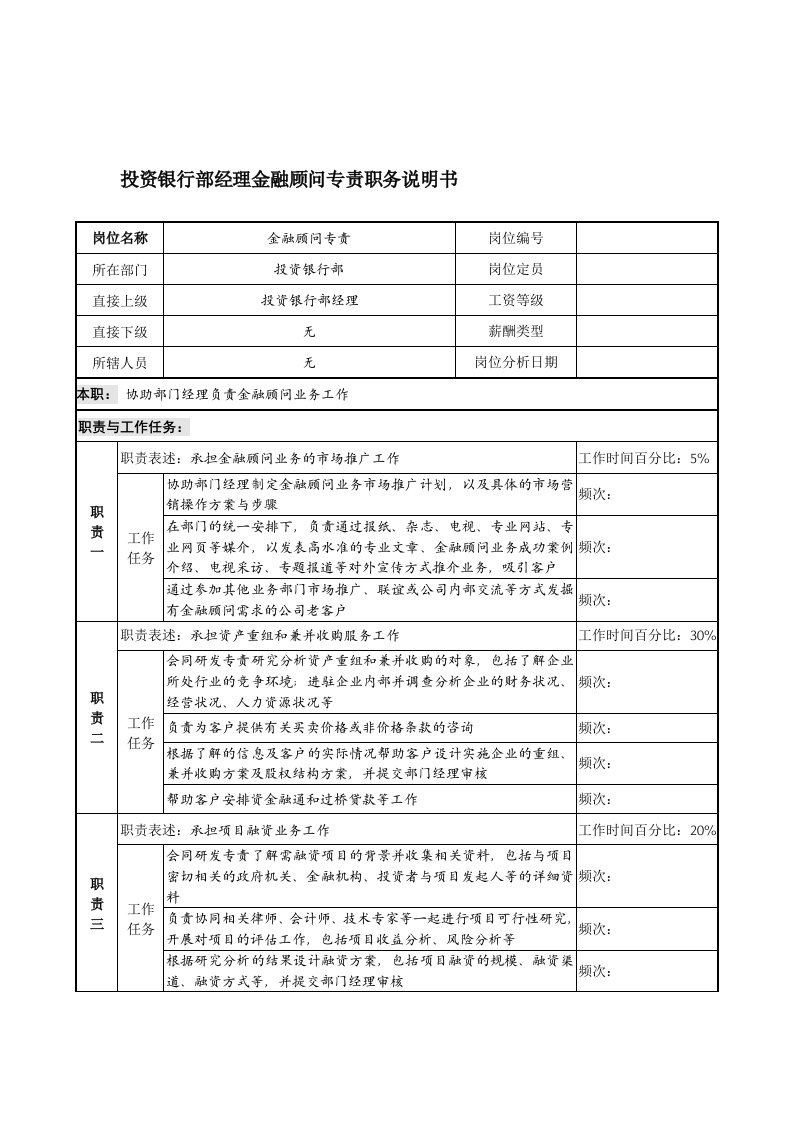 信托投资公司投资银行部经理金融顾问专责职务说明书