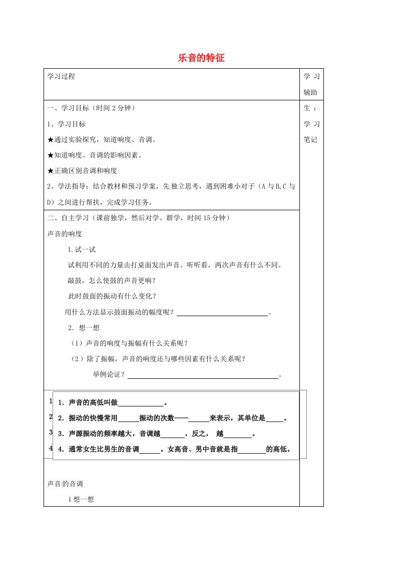 江苏省徐州市铜山区八年级物理上册1.2乐音的特征学案1无答案新版苏科版