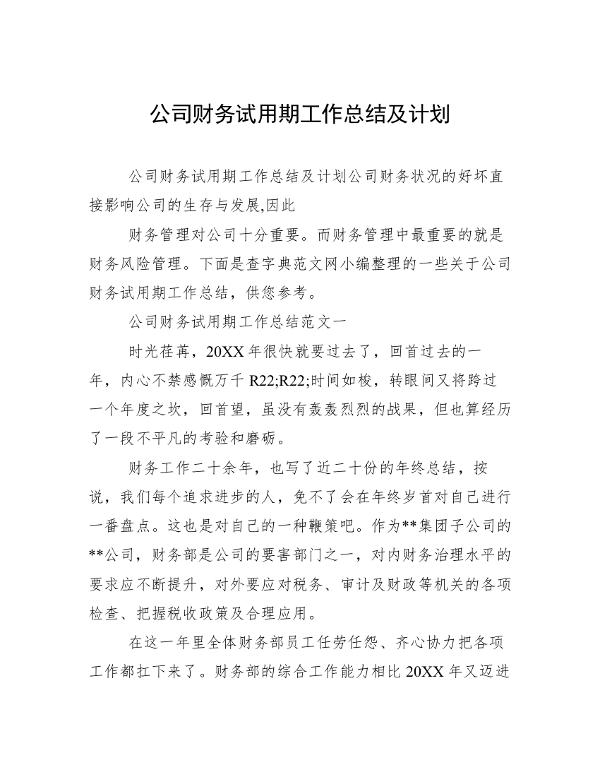 公司财务试用期工作总结及计划