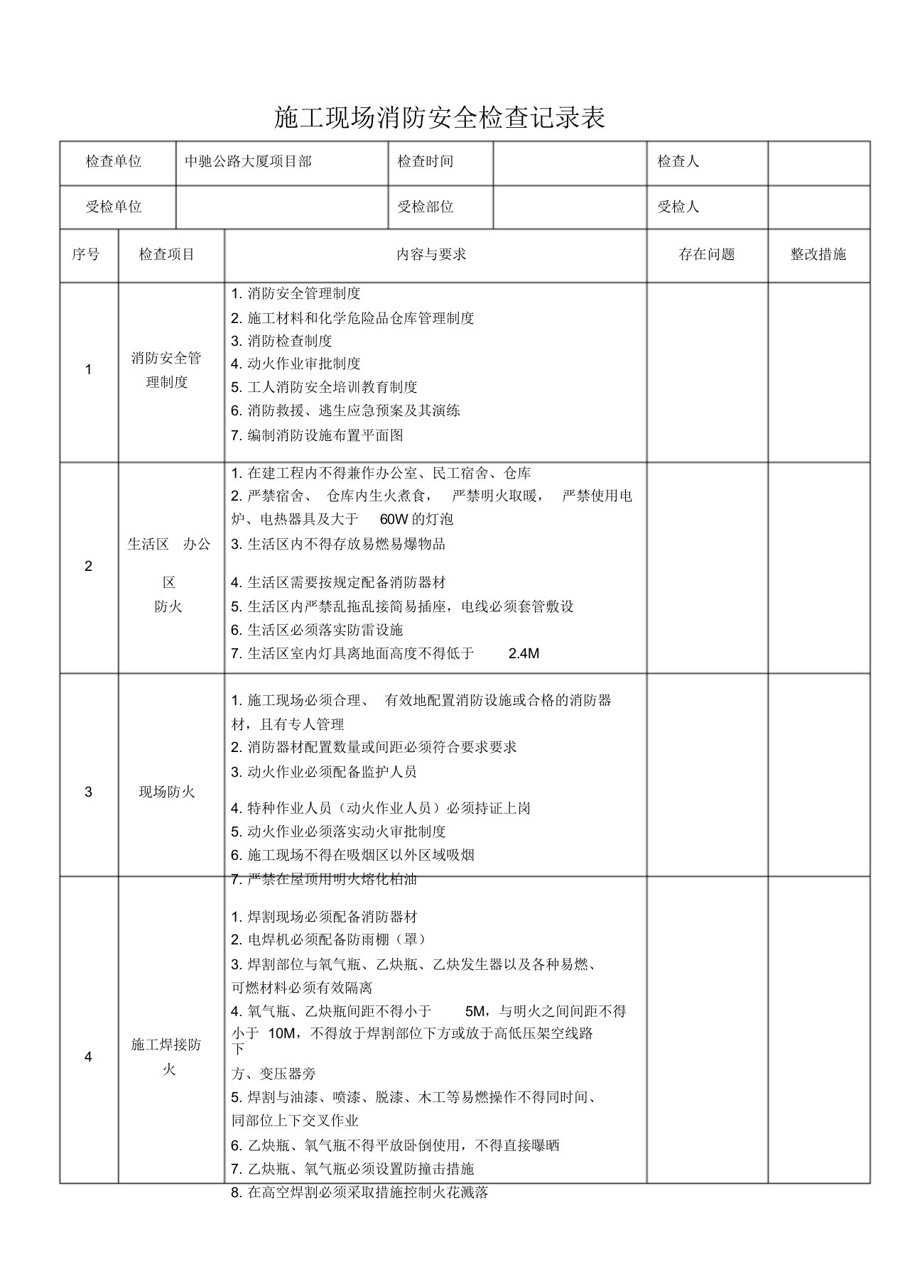 施工现场消防检查记录