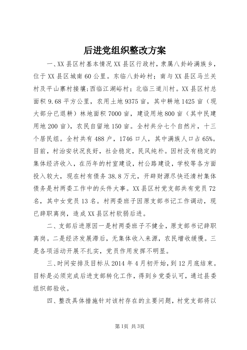 后进党组织整改方案