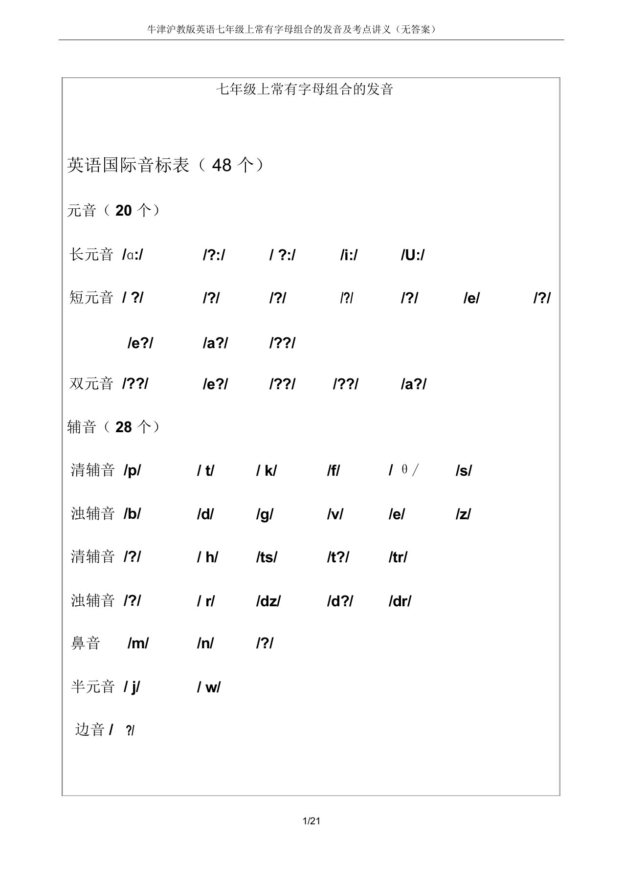 牛津沪教版英语七年级上常见字母组合发音及考点讲义(无答案)