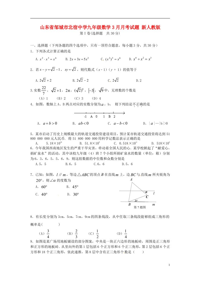 山东省邹城市九级数学3月月考试题