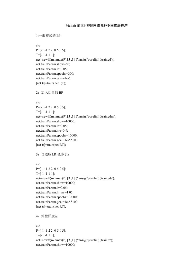 Matlab的BP神经网络各种不同算法程序