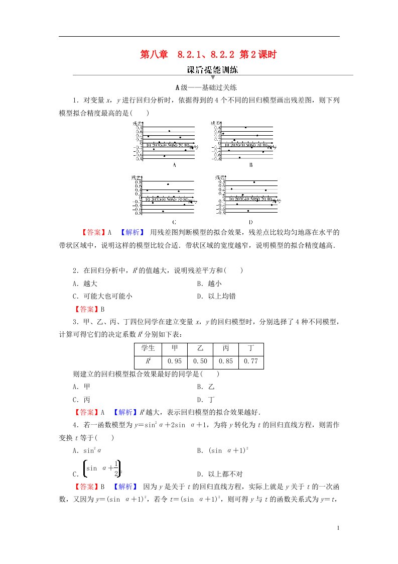 2022秋高中数学第八章成对数据的统计分析8.2一元线性回归模型及其应用8.2.2一元线性回归模型参数的最玄乘估计第2课时对模型刻画数据效果的分析及非线性回归模型课后提能训练新人教A版选择性必修第三册