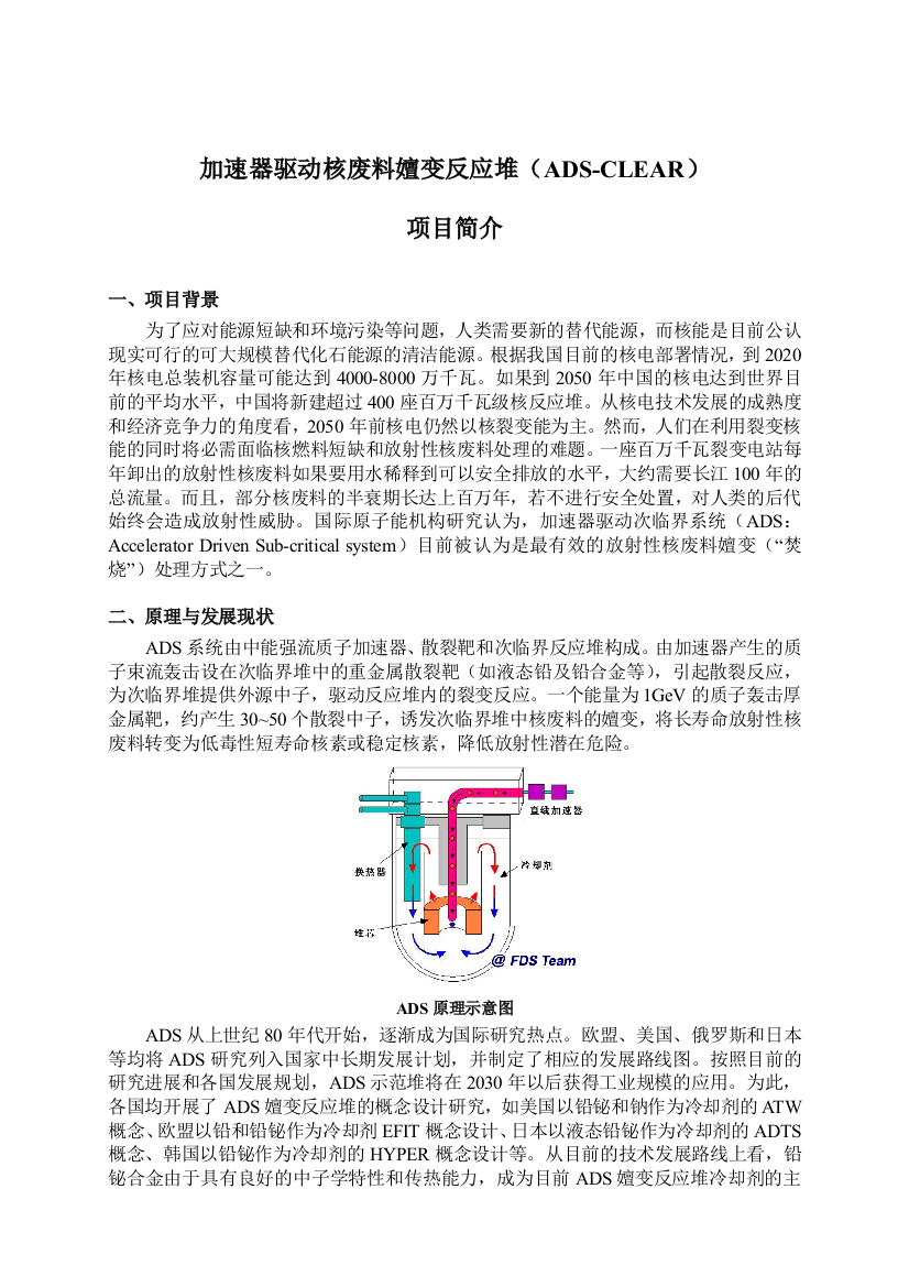 加速器驱动核废料嬗变反应堆ADSCLEAR项目简介FDS团队2011610