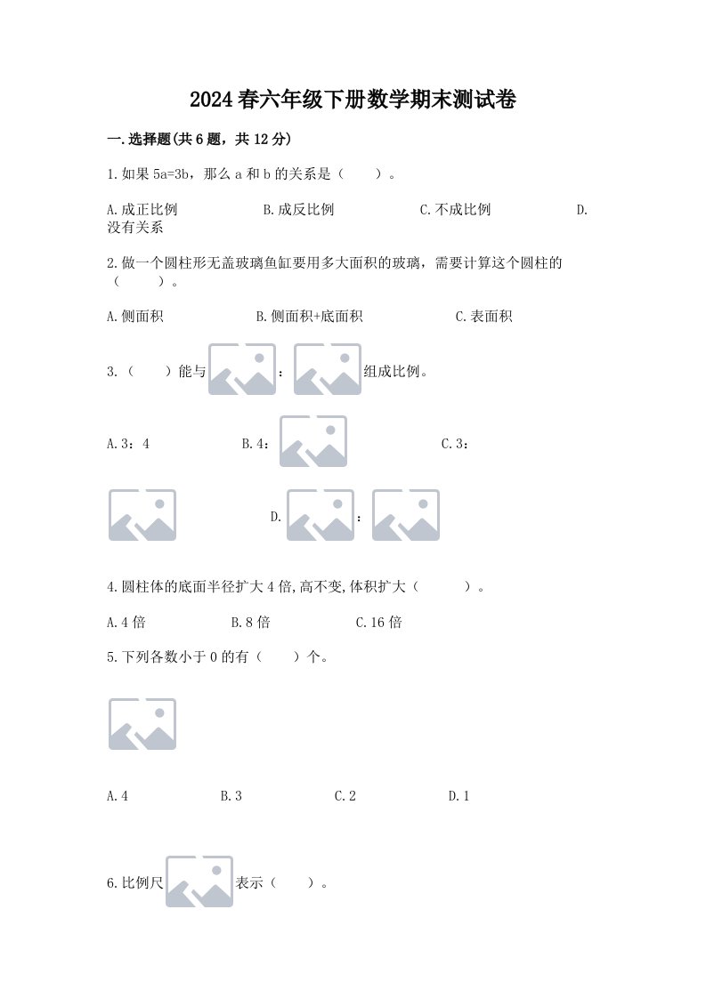 2024春六年级下册数学期末测试卷带答案（新）