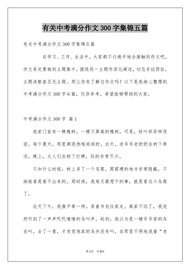 有关中考满分作文300字集锦五篇