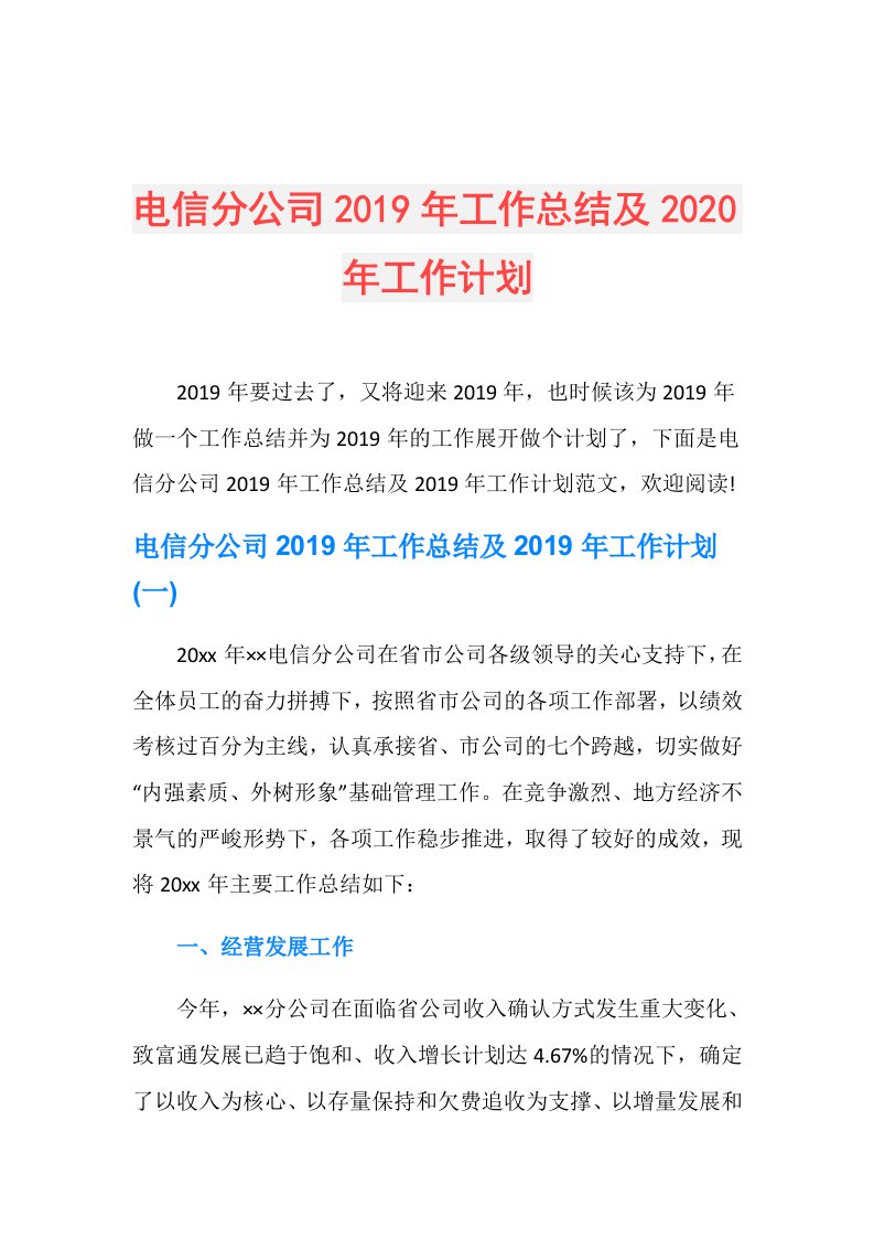 电信分公司工作总结及年工作计划