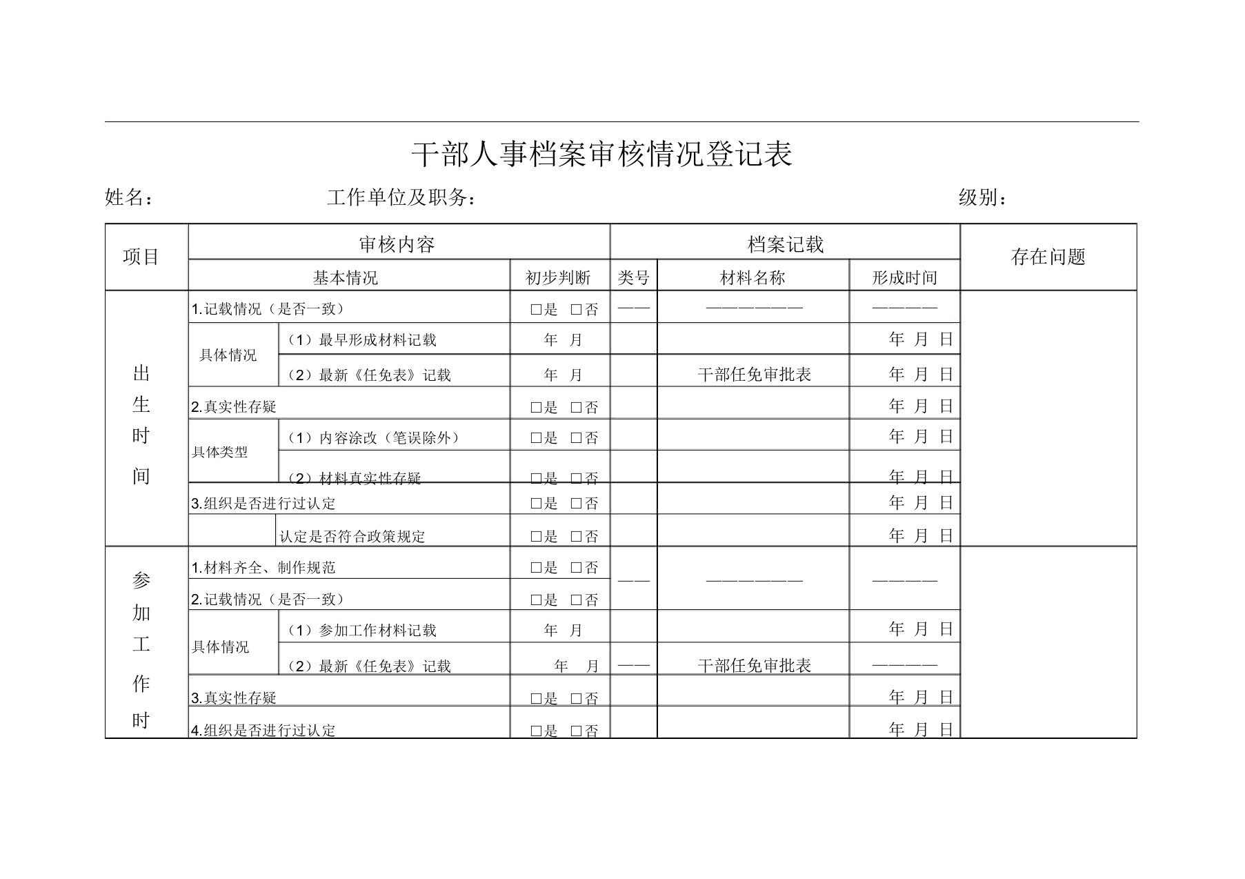 干部人事档案审核情况登记表