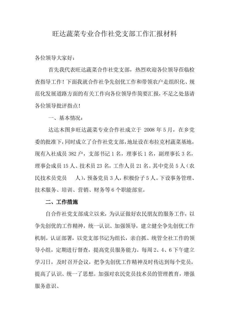 旺达蔬菜专业合作社党支部工作汇报材料d文档5.doc