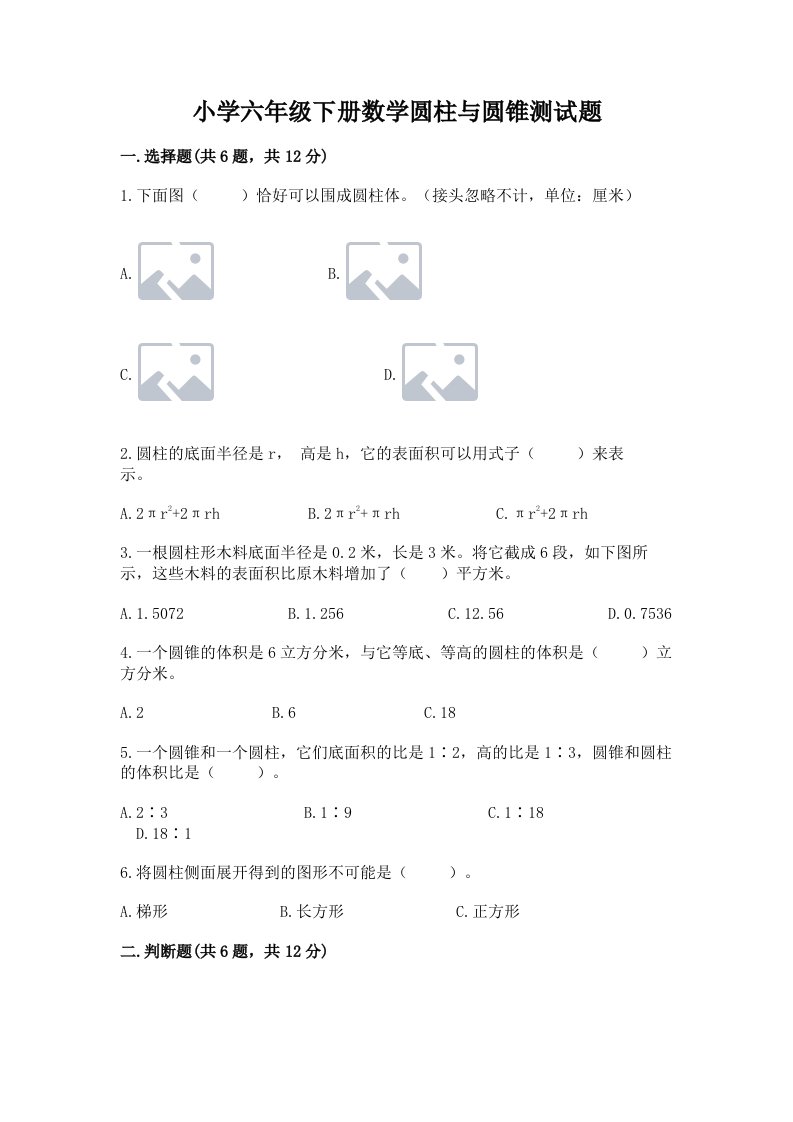 小学六年级下册数学圆柱与圆锥测试题（夺冠系列）