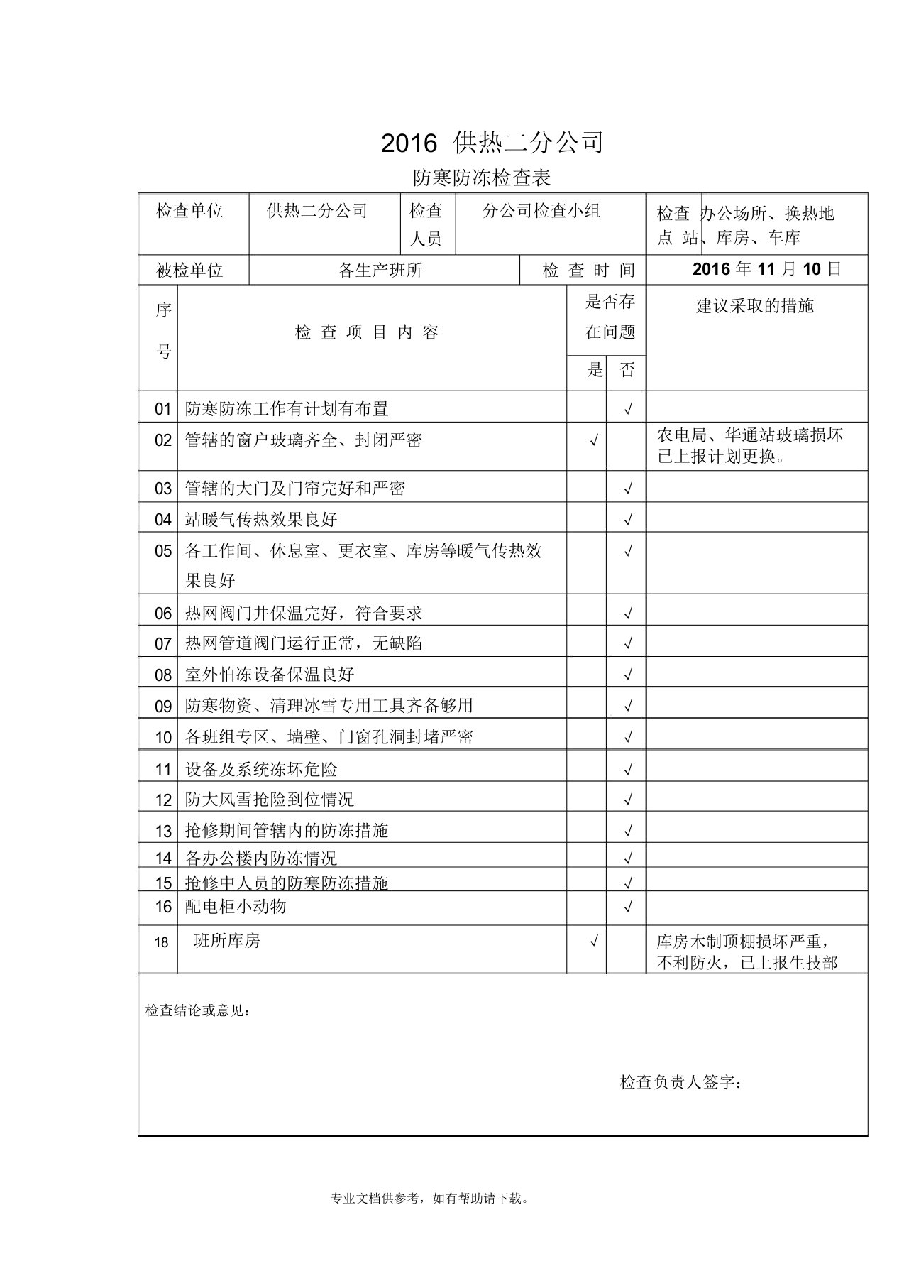 防寒防冻检查表