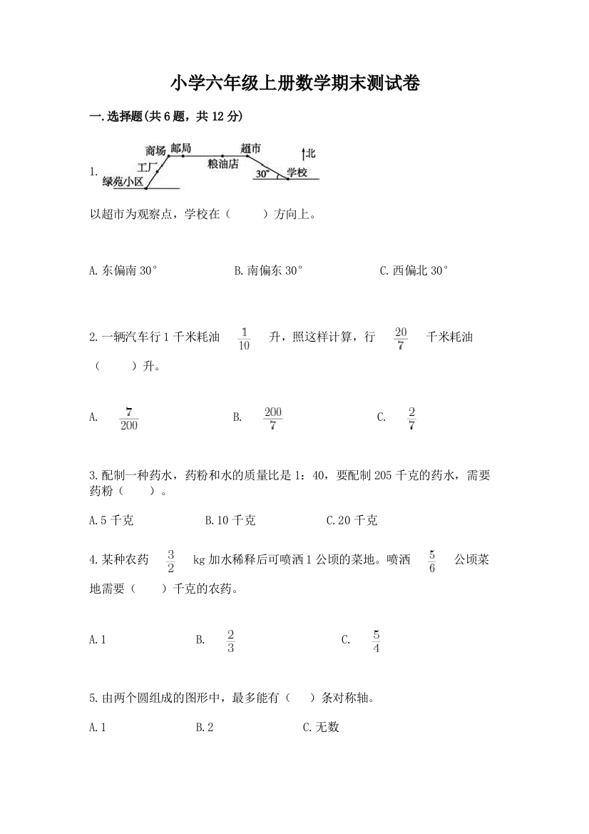 小学六年级上册数学期末测试卷含答案（突破训练）