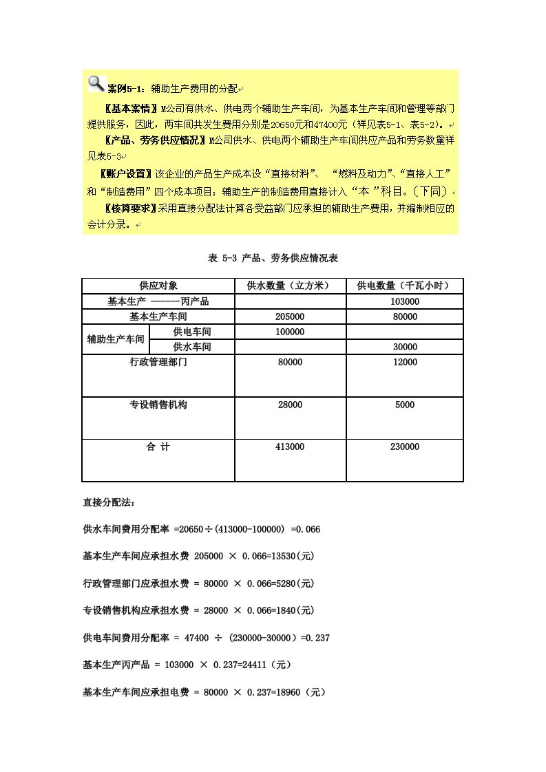 辅助生产成本分配例题