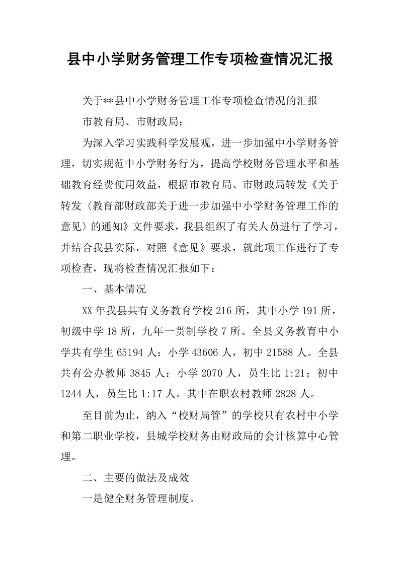 县中小学财务管理工作专项检查情况汇报