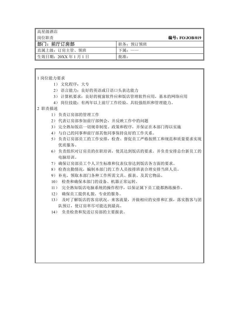 岗位职责-19前厅预定领班岗位职责