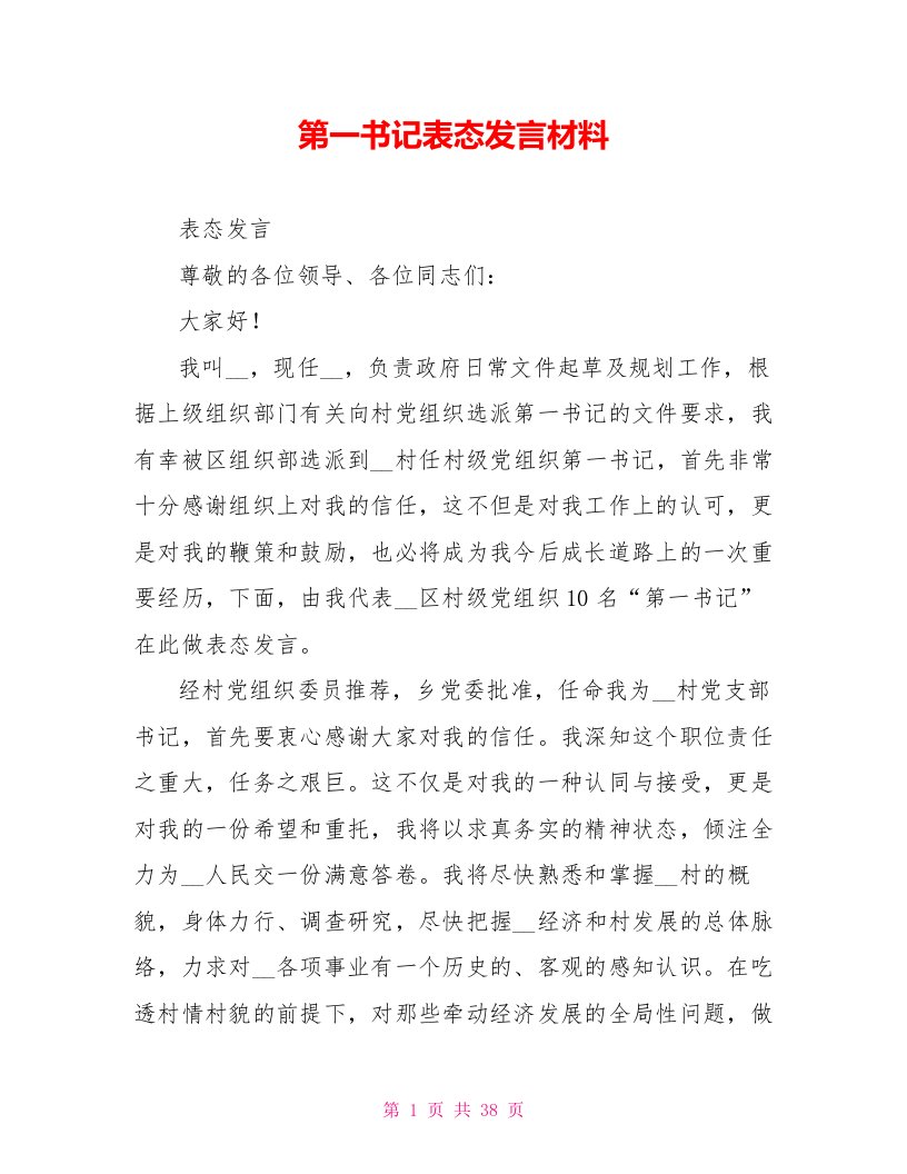 第一书记表态发言材料