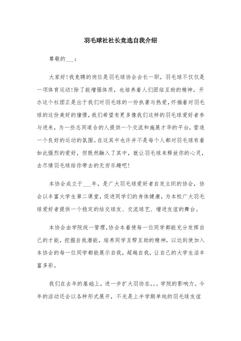 羽毛球社社长竞选自我介绍