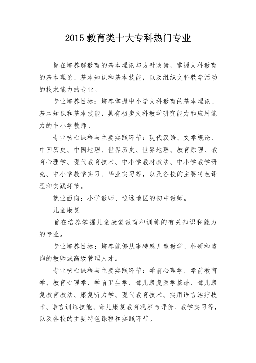 2015教育类十大专科热门专业