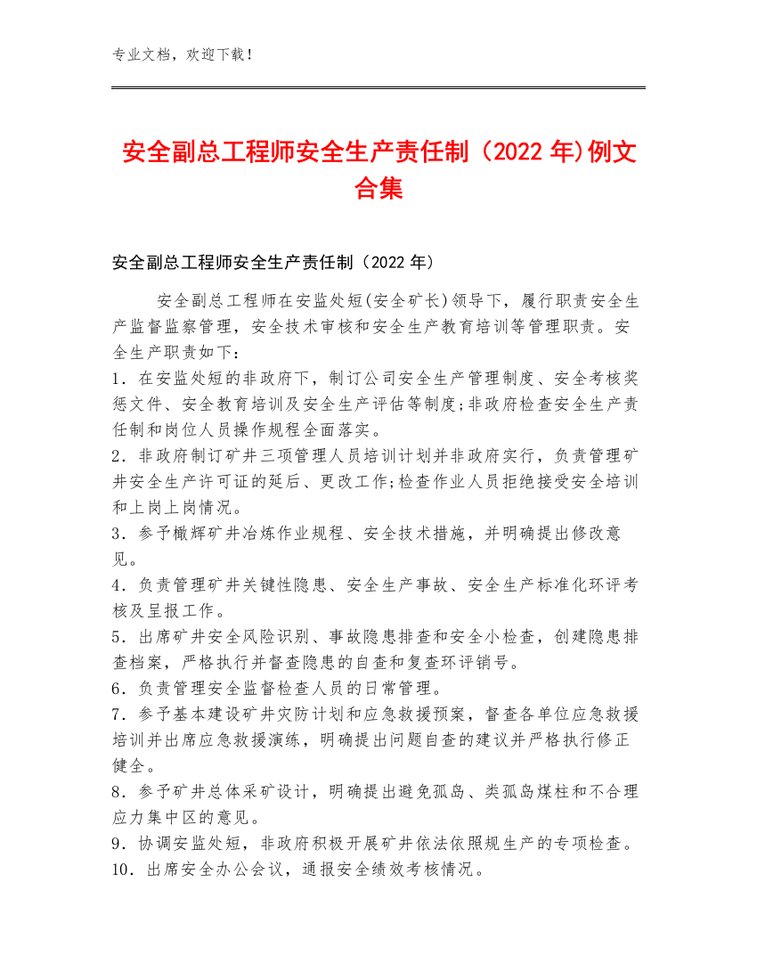 安全副总工程师安全生产责任制（2022年)例文合集