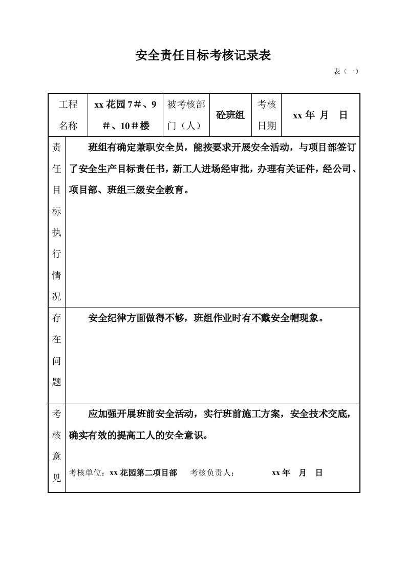 精品文档-安全责任目标考核记录表