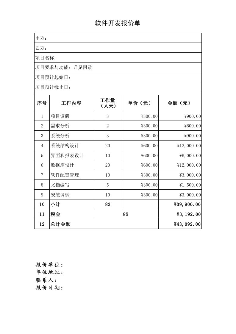 软件开发报价单