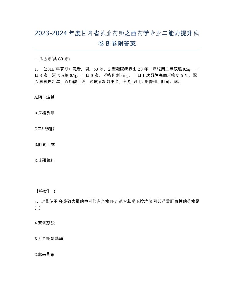 2023-2024年度甘肃省执业药师之西药学专业二能力提升试卷B卷附答案